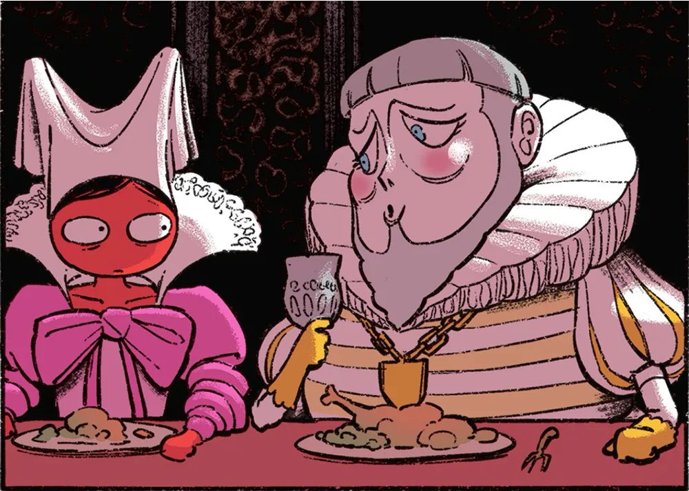 Illustration de Ysabelle et du Baron qui est en train de converser.