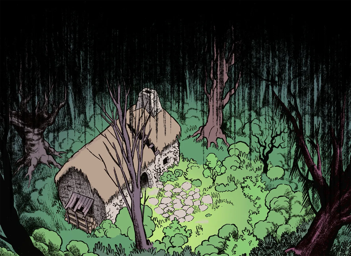 Paysage verdoyant avec une maison à son centre.