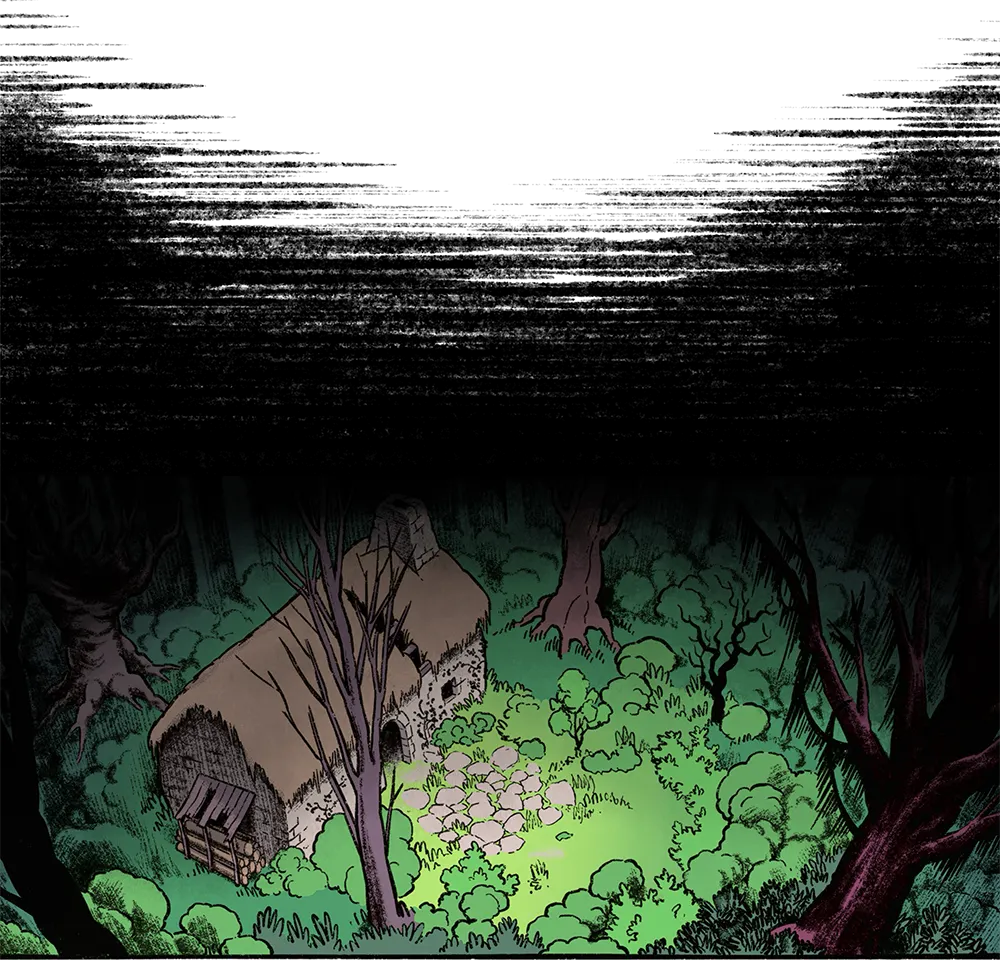 Paysage verdoyant avec une maison à son centre.